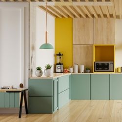 Cuisine colorée en bois, vert et jaune